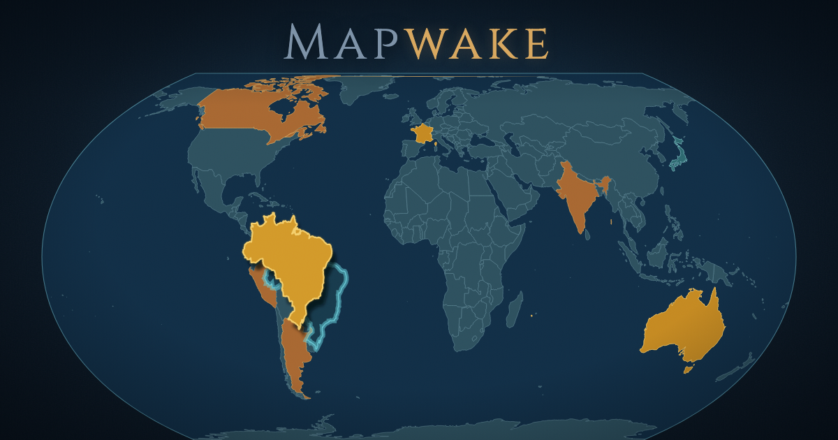 A dark world atlas with lit countries; Brazil just placed, glowing gold